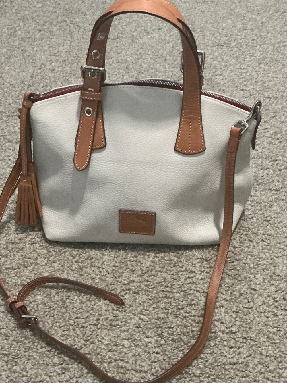 Dooney & Bourke Cream Crossbody Satchel with Tan Trim